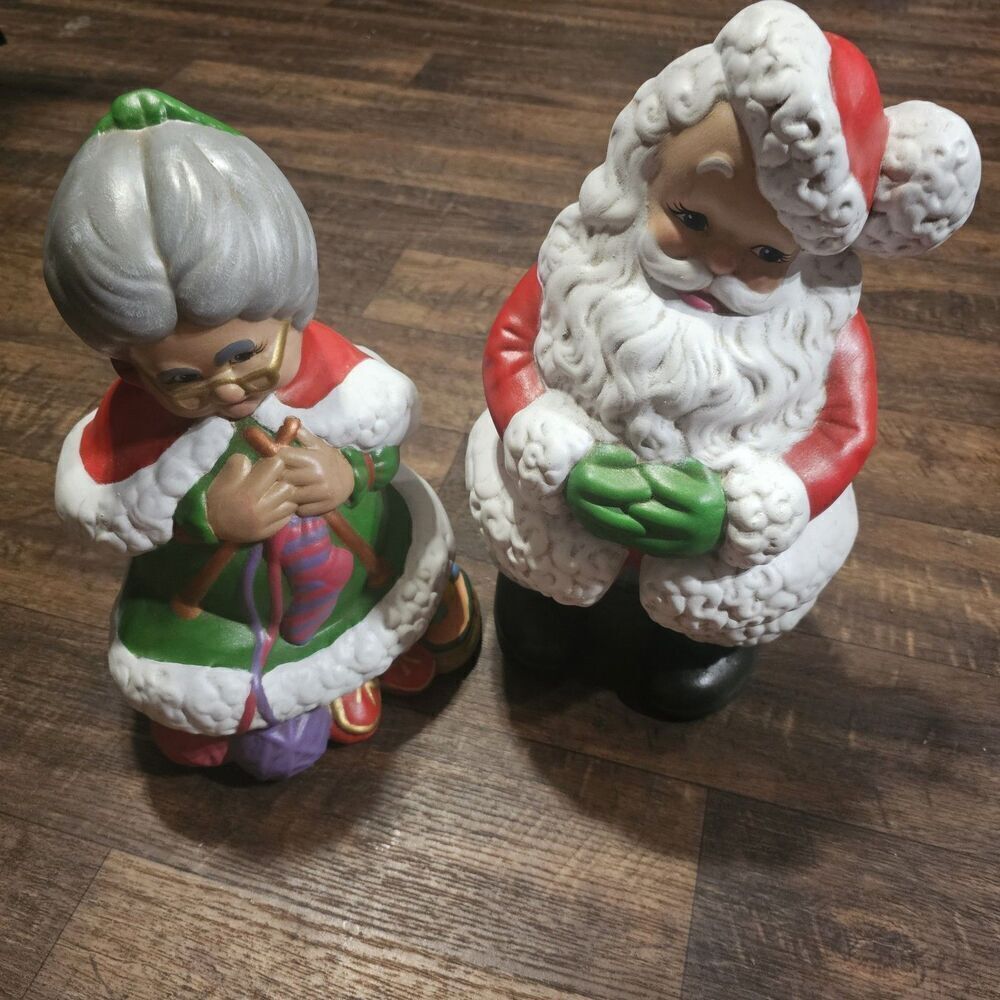 Vintage Winking Santa & Mrs. Claus Atlantic Mold Painted Ceramic Bisque Figures
